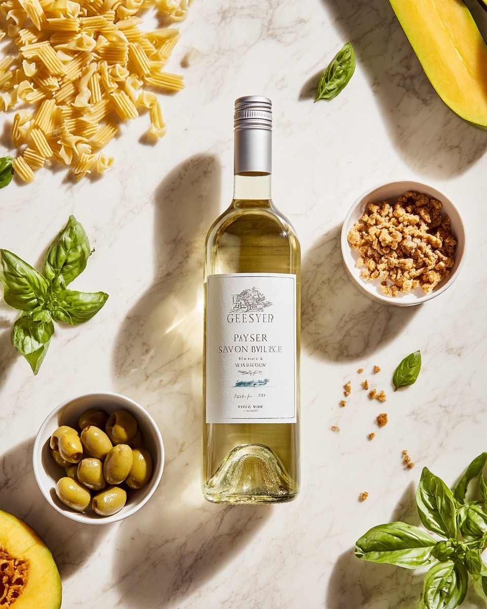 A clear glass bottle of white wine labeled