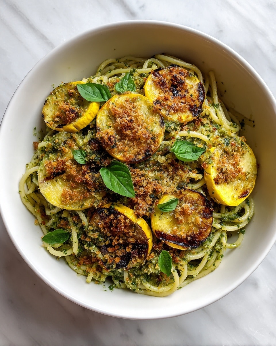 A white bowl contains a dish with three main layers: the bottom layer is spaghetti noodles mixed with green pesto sauce, giving a textured, vibrant look; the middle layer has golden brown toasted breadcrumbs sprinkled over the noodles; the top layer is decorated with several grilled slices of yellow squash with light char marks, and fresh green basil leaves placed in between. The bowl sits on a white marbled surface. photo taken with an iphone --ar 4:5 --v 7