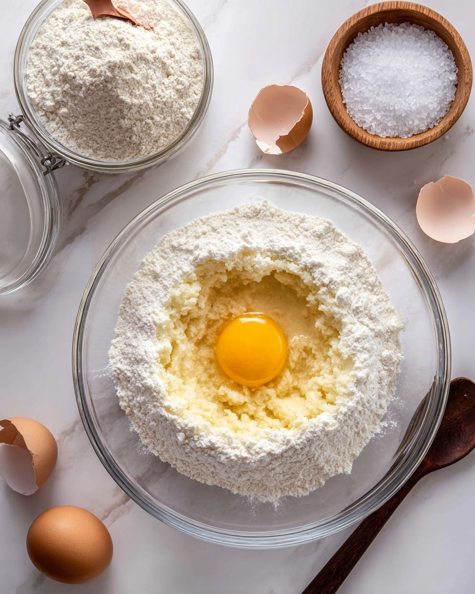 A clear glass bowl sits on a white marbled surface, filled with a base layer of pale mashed potato, topped with a ring of white flour forming a nest, and a raw egg yolk with its clear whites filling the center of the flour. Nearby, a glass container of flour with a copper scoop inside is partially open with its transparent lid resting next to it. To the top right, there is a small wooden bowl filled with coarse white salt and two cracked brown eggshells scattered close by. A dark wooden spoon lies on the surface on the right side of the bowl. The image is bright and clean with natural light highlighting the textures. photo taken with an iphone --ar 4:5 --v 7