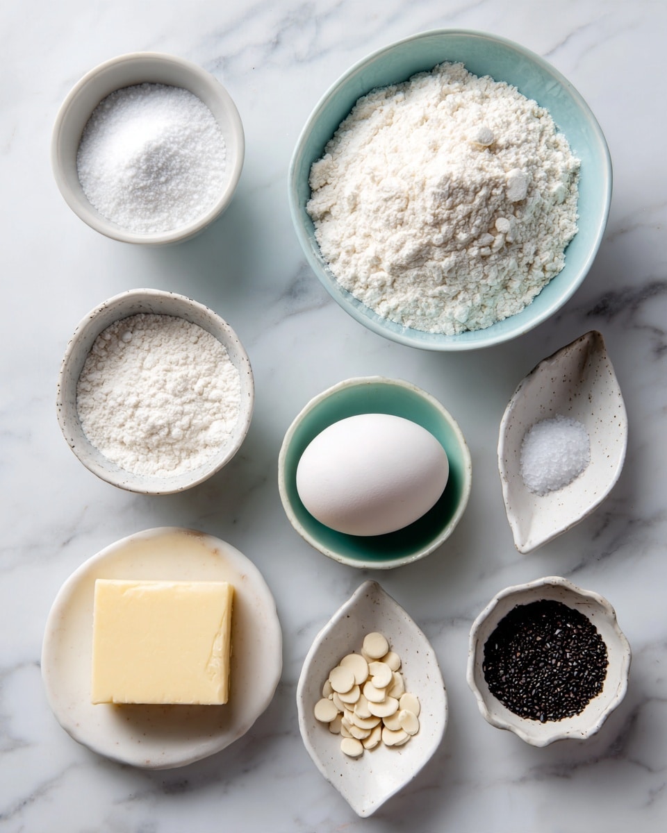 The image shows nine ingredients arranged neatly on a white marbled surface with labels above each. Starting from the top left, there is a small white bowl with a fine white powder labeled baking soda. Next to it, a light blue bowl filled to the top with white granulated sugar. To the right, a larger light blue bowl heavily filled with white all-purpose flour. Further right, there is a single plain white egg sitting directly on the surface. Below the egg, a small light green bowl holds white baking powder. To the bottom left of the baking powder, a small white bowl contains white salt. To the left of the salt, a white bowl shaped like a leaf is filled with small, round, white chocolate chips. Left of that, another white leaf-shaped bowl contains tiny black sesame seeds. The last bowl on the far left contains a rectangular piece of pale yellow butter on a white plate. Photo taken with an iphone --ar 4:5 --v 7