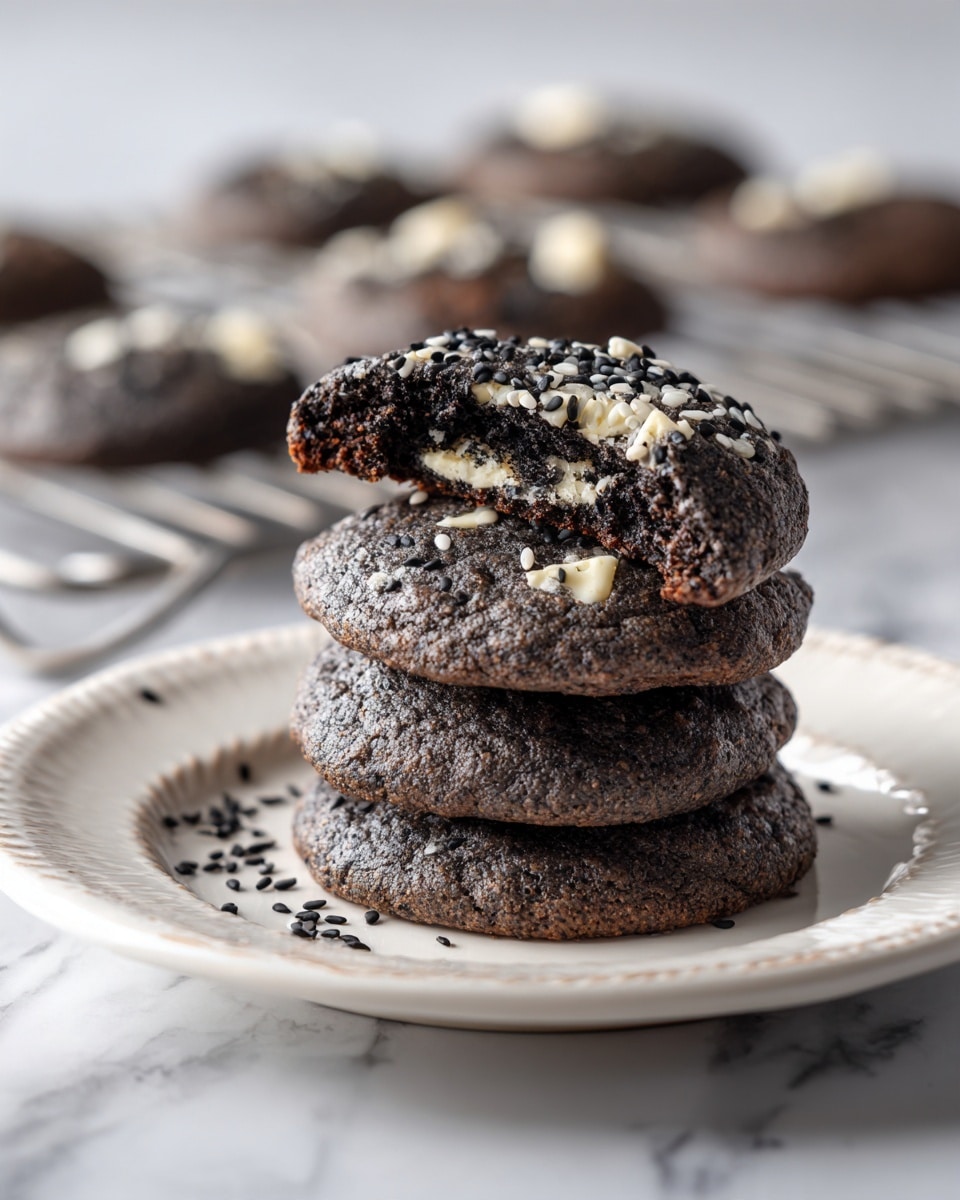 A stack of four dark gray cookies with a textured surface speckled with small white chips and sesame seeds is placed on a white plate with a scalloped edge. The top cookie is broken in half, showing a moist, dense inside filled with black specks and white chips. Some black sesame seeds are scattered on the plate and the white marbled surface beneath. In the background, a black wire cooling rack holds more cookies. Photo taken with an iphone --ar 4:5 --v 7
