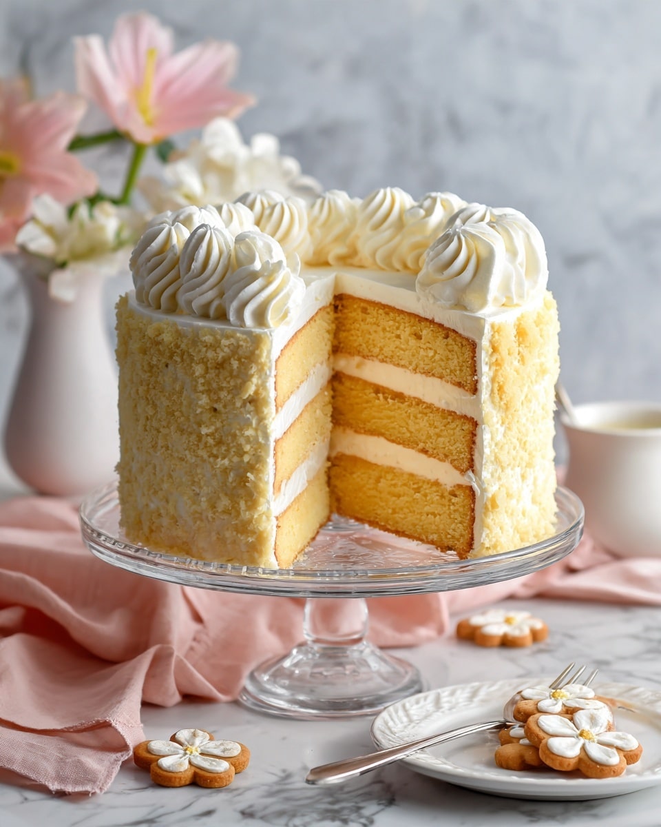 The image shows a three-layer yellow cake covered in smooth white frosting on the outside. The cake is cut to show the inside, which has three thick, pale yellow sponge layers separated by white frosting. The top of the cake is also decorated with dollops of white frosting evenly spaced around the edge and a crumbly topping in the center. The cake sits on a clear glass cake stand with a silver base, placed on a white marbled surface. Two small brown flower-shaped cookies are on the cake stand near the base of the cake. There is a white vase with white and green flowers in the background, adding a soft decorative touch. Photo taken with an iphone --ar 4:5 --v 7