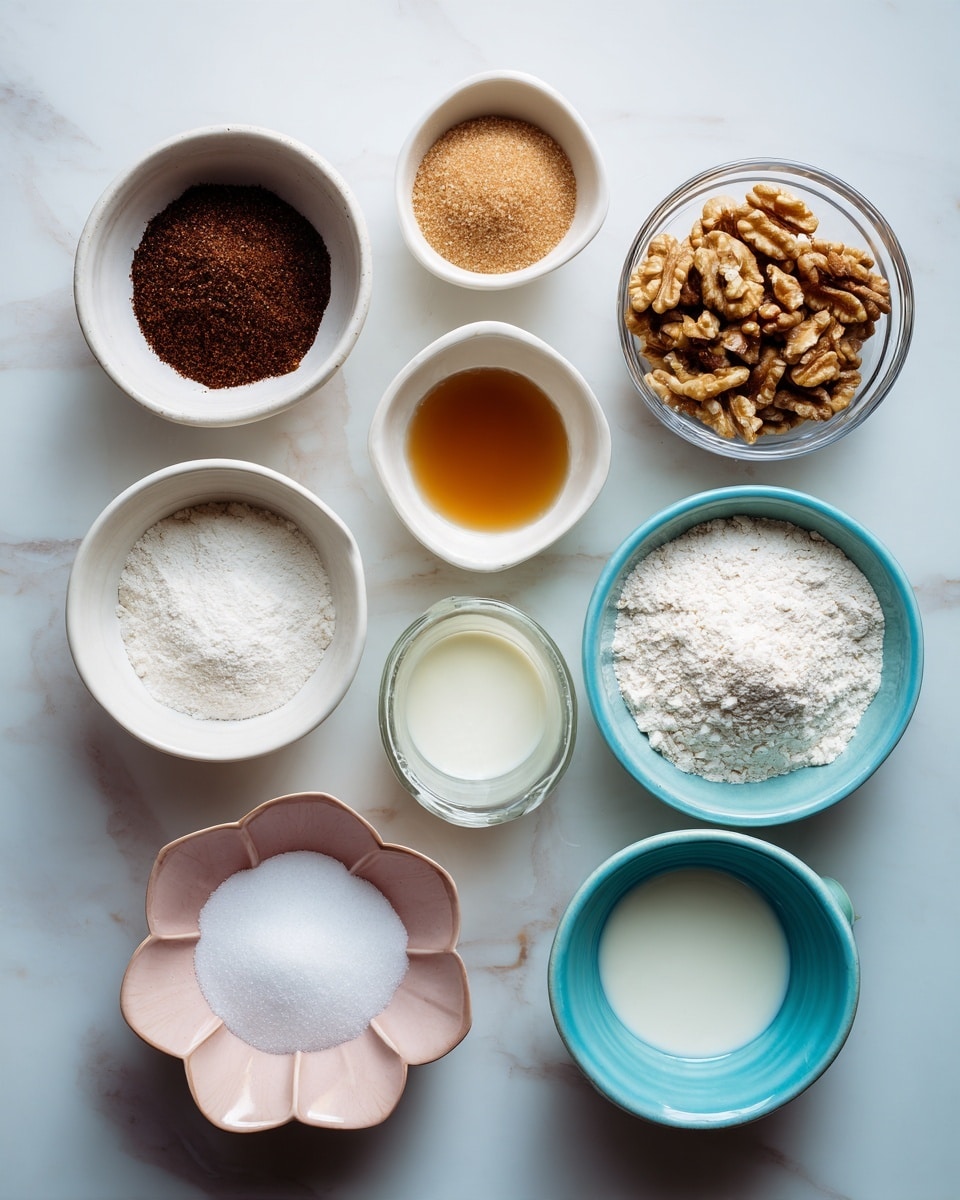 The image shows a collection of baking ingredients arranged neatly on a white marbled surface. There are two white bowls at the top left containing dark brown sugar and light brown sugar with a light brown powder in a smaller white bowl below them. To the right is a glass bowl with chopped walnuts. Below these, two white bowls with light blue interiors hold all-purpose flour and glutinous rice flour, both white and powdery. In the front row, a small white bowl has sugar, a pink bowl holds vegetable oil, another small white bowl contains instant yeast, a white bowl shaped like a flower holds warm milk, and a clear glass cup is filled with warm water. Each ingredient is clearly labeled with text above or beside the container. photo taken with an iphone --ar 4:5 --v 7
