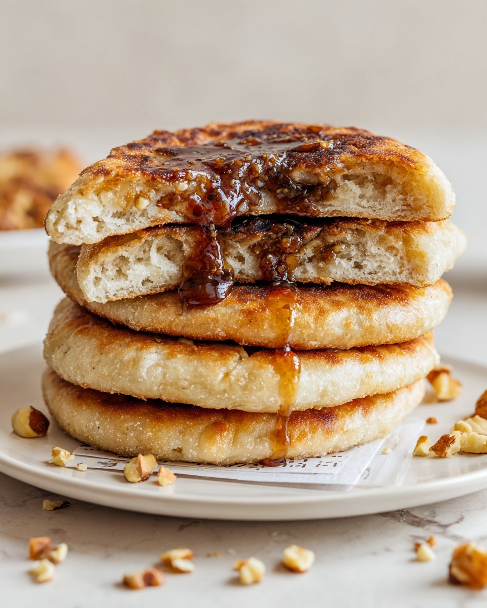 A stack of four round pancakes sits on a white plate with a few crumbs and seeds scattered around the plate’s edge. The bottom pancake is golden-brown with visible seeds and nuts baked inside. Above it is a soft, light beige pancake topped with a small piece of printed paper. The next layer is another light pancake, and on top is a slightly darker pancake, broken in half to show sticky caramel sauce dripping from inside. The surface the plate rests on has a white marbled texture, and the background is soft and blurred. photo taken with an iphone --ar 4:5 --v 7