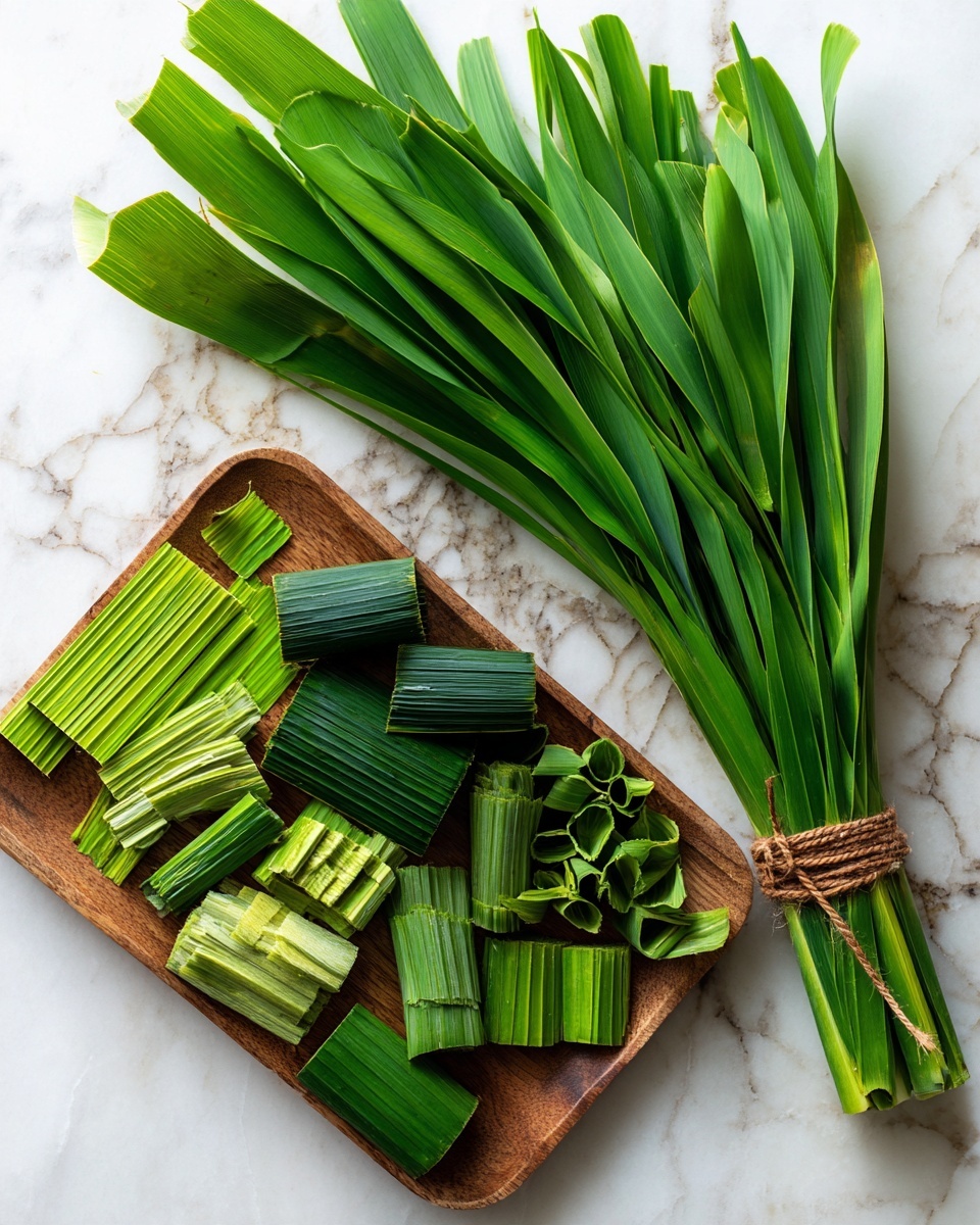 A bunch of long, bright green pandan leaves tied with a brown string is placed on a white marbled surface on the right side of the image. On the left, a small wooden tray holds multiple stacks of pandan leaves cut into different shapes and sizes: wide strips, shorter chunks, and small curled pieces, all in various shades of green. The texture of the leaves shows clear veins and a glossy surface. The background is a white marbled surface with visible cracks and faint wooden lines. photo taken with an iphone --ar 4:5 --v 7