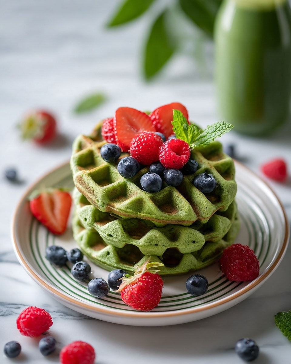 A stack of three green waffles sits on a white plate with dark green circular lines, placed on a white marbled surface. The waffles have a slight golden brown on the edges and are topped with a drizzle of syrup. On top, there are two strawberry halves, three blueberries, and a sprig of fresh green mint leaves. Next to the plate, three raspberries rest on the surface with more scattered blueberries and strawberry halves around. In the background, a clear bottle filled with green liquid and some blurred green leaves add a fresh touch. photo taken with an iphone --ar 4:5 --v 7