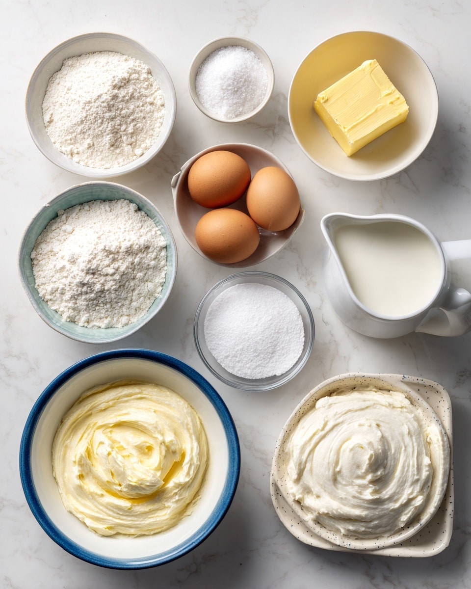 The image shows various baking ingredients arranged neatly on a white marbled background. There are two white bowls with instant dry yeast and salt on the top left, followed by a small white bowl of yellow butter next to them on the right. Below, two brown eggs sit side by side. Under the eggs, a large white bowl with a blue rim holds white flour. To the right of the flour, a small white pitcher holds white milk, and near it, another white pitcher contains white sugar. In the center, a clear plastic container holds light purple taro paste with a smooth, whipped texture. To the right, inside a dotted box labeled Tangzhong, there is one small white bowl with white flour and a clear glass of white milk. Everything is spaced evenly, creating a clean and organized look. Photo taken with an iphone --ar 4:5 --v 7