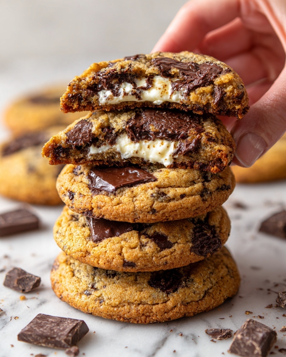 A stack of four golden brown chocolate chip cookies is shown on a white marbled surface, each cookie dotted with dark chocolate squares on top. The top cookie is broken in half, revealing three layers inside: a light beige cookie dough layer on the outside, a smooth white cream layer in the middle, and a melted dark chocolate center in the core. A woman's hand with pink nail polish is gently holding the top half of the broken cookie. More chocolate chunks are scattered around the base of the stack. The background is softly blurred. Photo taken with an iphone --ar 4:5 --v 7