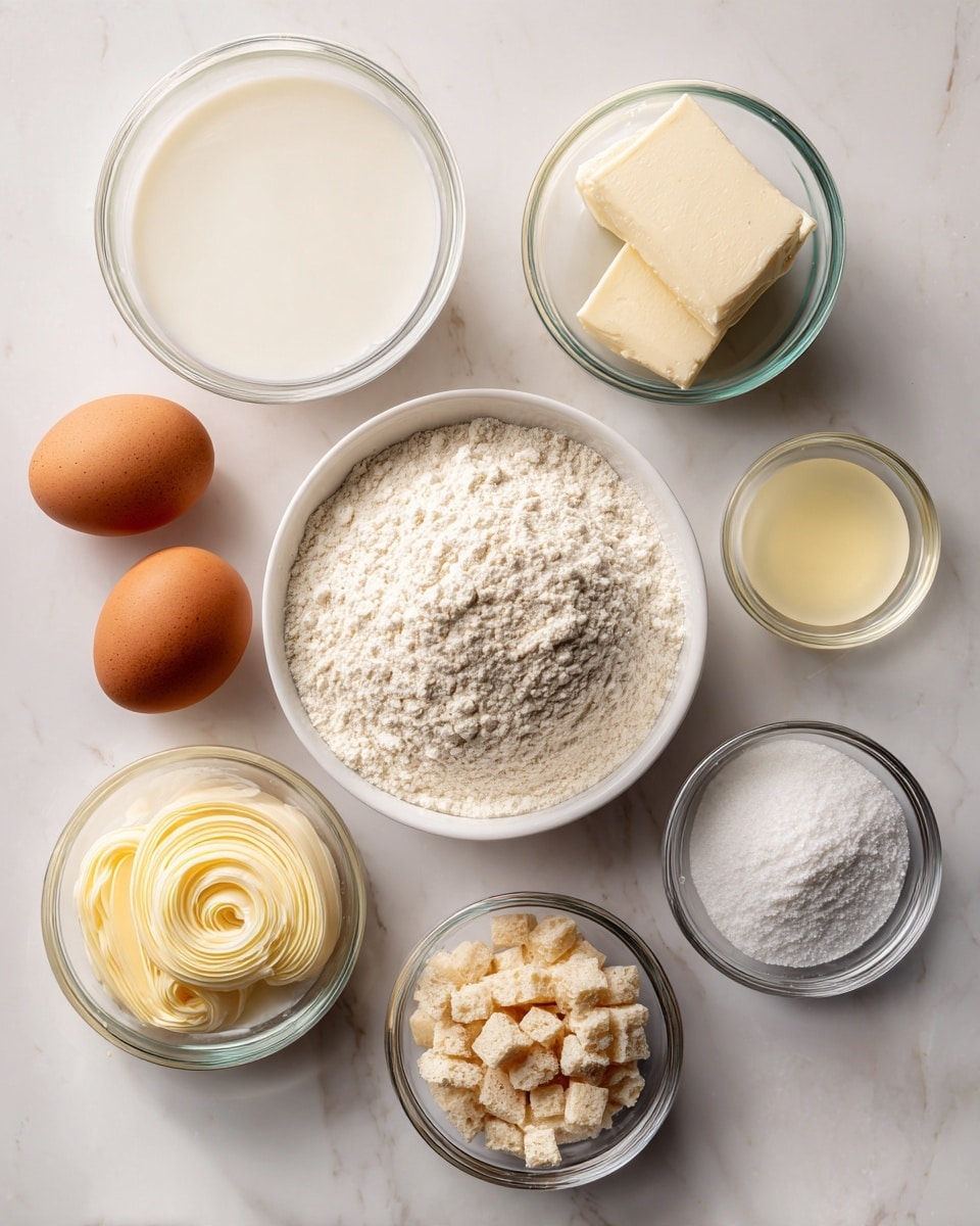 The image shows eight small bowls and two eggs arranged neatly on a white marbled surface. In the center, there is a white bowl filled with white flour, creating a soft, powdery texture. To the left, a glass bowl with white milk sits near a small white bowl holding fine salt. Below, another glass bowl contains pale yellow butter in soft curls. Two whole brown eggs are positioned above the flour bowl. On the top right, a small white bowl holds a light yellow vanilla liquid. Next to it, a clear glass bowl is filled with white sugar granules, and below that, another glass bowl contains small pieces of beige yeast. The layout is clean and well-spaced, with each ingredient clearly visible and labeled. Photo taken with an iphone --ar 4:5 --v 7