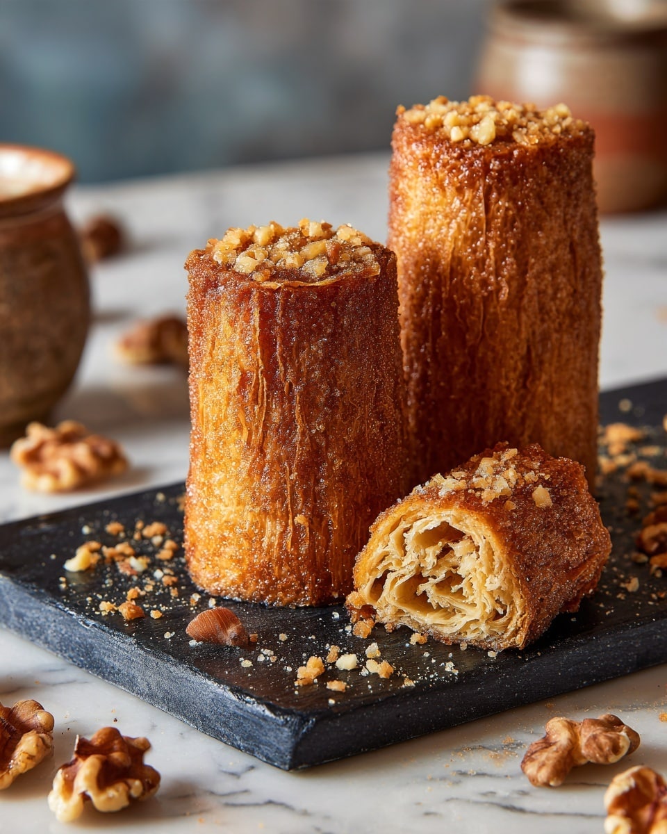 Two tall, hollow, cylindrical pastries stand on a dark board placed on a white marbled surface. Their outer layer is golden brown, covered with rough, crunchy bits and coated in sugar, giving a textured look. Next to them, a few broken pieces of the same pastry show a soft, light inner layer with a flaky texture. Small pieces of nuts and crumbs are scattered around, adding to the rustic feel. The background is a clean white, making the pastries the main focus. Photo taken with an iphone --ar 4:5 --v 7