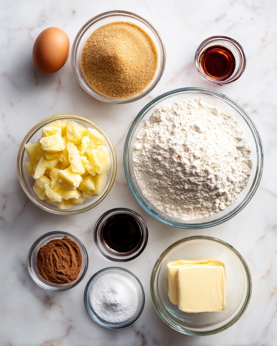 The image shows several clear glass bowls and an egg arranged on a white marbled surface. In the center is a large bowl filled with white flour. To its left is a smaller bowl with chunky yellow apple sauce, and above that is a bowl of golden brown sugar. On the right side of the flour, there is a bowl of pale yellow butter, next to two small glass cups containing light brown cinnamon and nutmeg in one and white baking powder and baking soda in the other. Above the flour are a small jar of dark vanilla extract and a single brown egg. Each ingredient is labeled in black script text above or beside it. photo taken with an iphone --ar 4:5 --v 7
