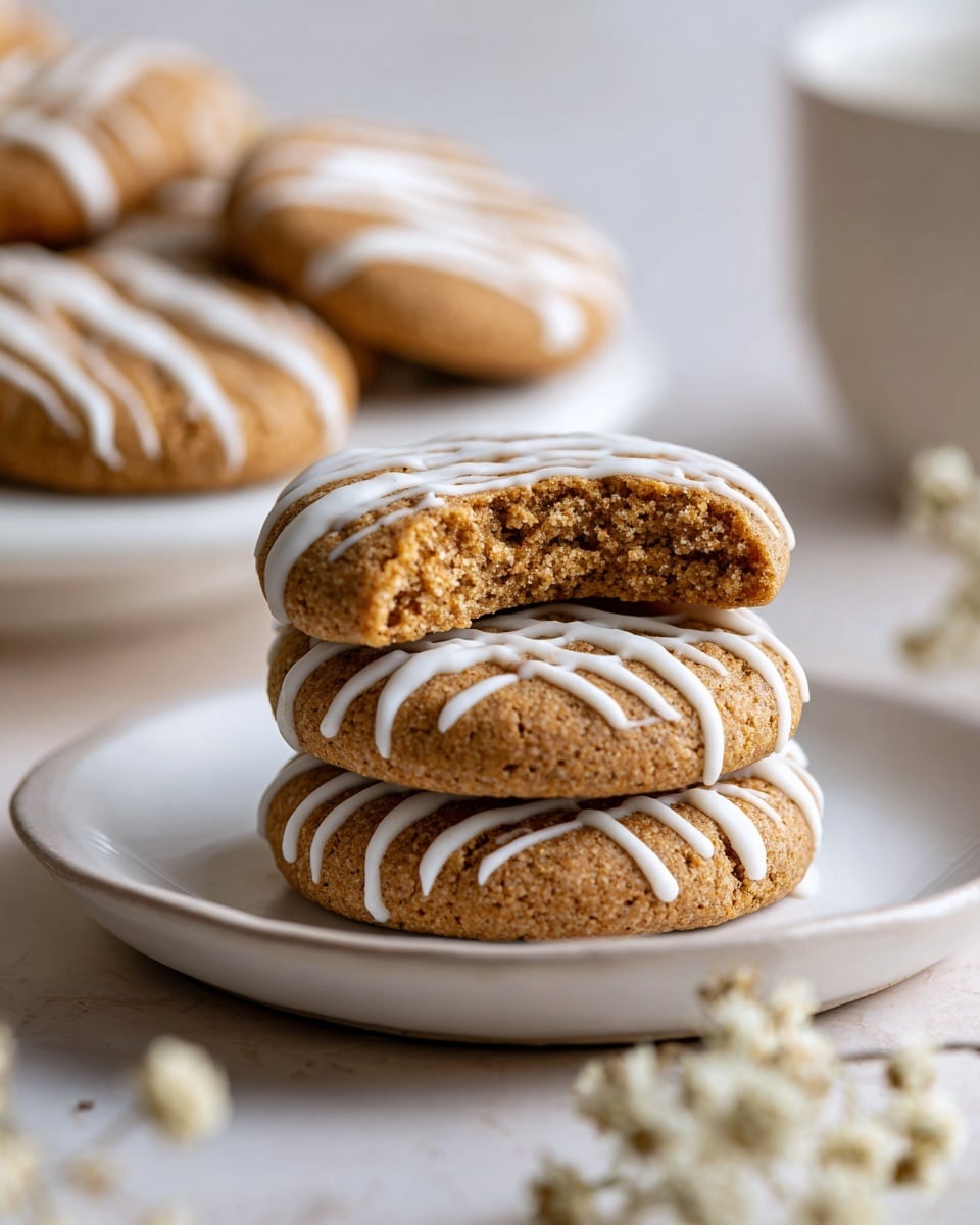Two soft, round brown cookies with a slight rough texture sit stacked on a white plate; the top cookie has a bite taken out of it, showing a light, airy inside with a crumbly texture. Both cookies have thin, white stripes of icing drizzled across their tops. In the blurred background, more similar cookies are stacked on a white plate placed on a white marbled surface, while white flowers with green stems are partially visible in the foreground. Photo taken with an iphone --ar 4:5 --v 7