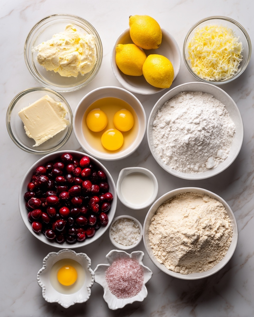The image shows ingredients for a three-layer dessert set on a white marbled background. On the left, there is the lemon base section with ingredients including a glass bowl of pale yellow butter, a small white bowl of lemon juice, a small white bowl of bright yellow lemon zest, a white bowl of all-purpose flour that is white and powdery, a small white bowl of lemon extract, a small white bowl of instant yeast, a white bowl holding three bright yellow egg yolks, and a clear bowl of white sugar. In the middle, the cranberry filling section features a full white bowl of dark red cranberries with a whole fresh lemon placed above it and a white bowl of white sugar beside it. On the right, the meringue layer ingredients include a white bowl of pale almond flour, a clear bowl of egg whites a light yellow shade, another white bowl of white sugar, a small white bowl of pink salt, and a small white bowl shaped like a flower filled with pale almond flakes. All items are neatly placed and labeled in black cursive writing. Photo taken with an iphone --ar 4:5 --v 7