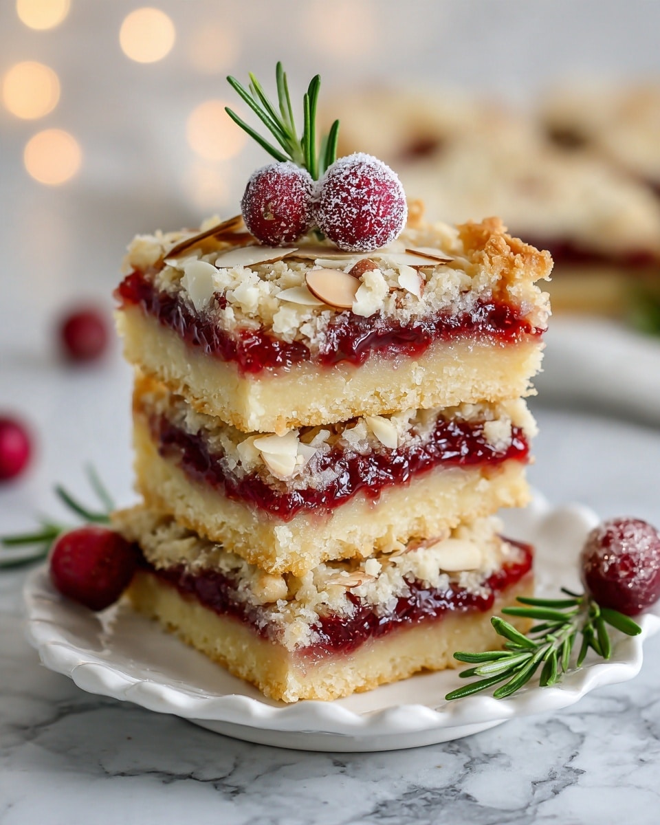 The image shows three stacked square bars of a dessert on a white plate with a scalloped edge. Each bar has three distinct layers: a thick light golden base, a thin bright red jam middle layer, and a lighter crumbly top layer sprinkled with slivered almonds. On the top bar, a sugar-coated red berry and a small sprig of green rosemary rest as decoration, with another sugar-coated berry and rosemary sprig sitting on the plate beside the stack. The scene is set against a white marbled surface. photo taken with an iphone --ar 4:5 --v 7