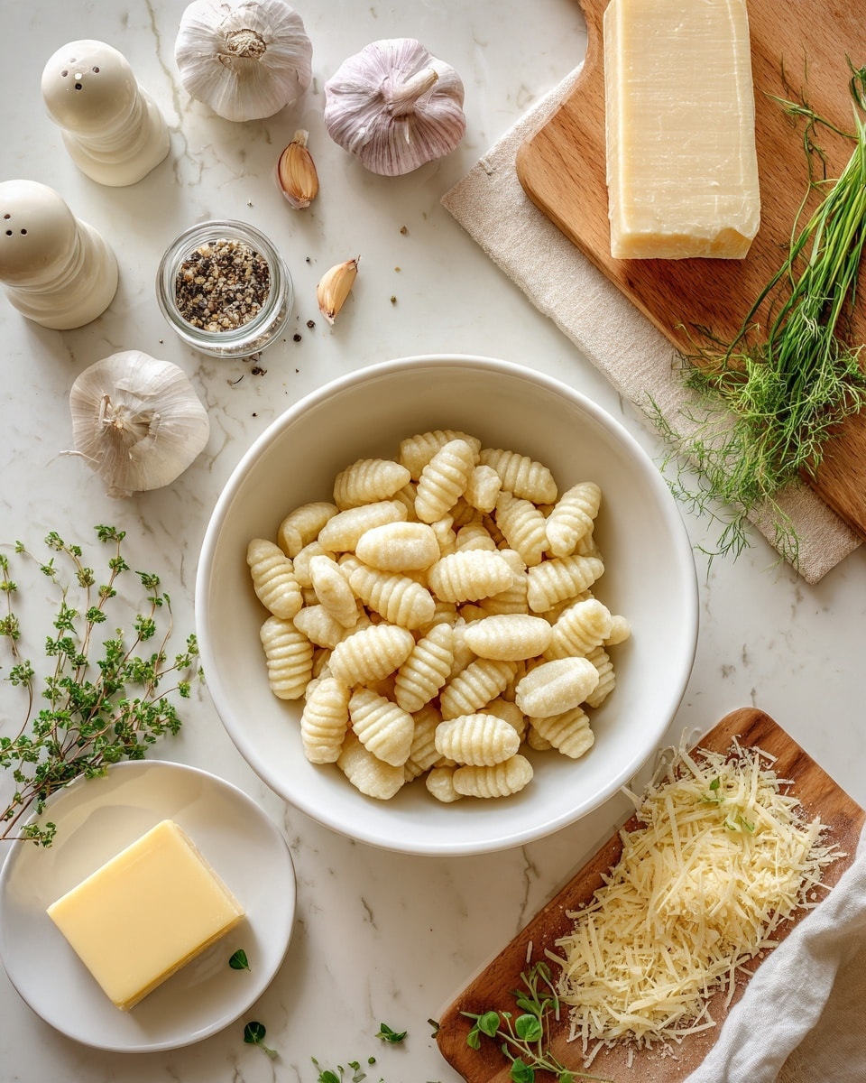 A white bowl filled with many small, pale gnocchi pieces that have ridged textures, placed on a white marbled surface. Next to the bowl, there is a small white plate holding a square piece of yellow butter. Nearby, a wooden chopping board holds three types of grated cheese in off-white and light yellow shades, along with some fresh green herbs like chives and oregano. Surrounding ingredients include two garlic bulbs, a pepper shaker, and a small jar of cream. The overall setting has a warm, fresh feel with natural colors and textures. photo taken with an iphone --ar 4:5 --v 7