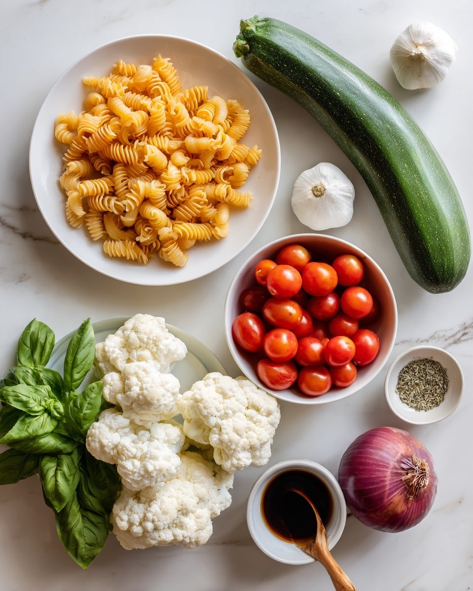 The image shows a white plate filled with twisted, orange pasta spirals at the top left. Next to it is a large green zucchini placed horizontally across the top middle, with a whole white garlic bulb near its top right side. Below the zucchini is a white bowl filled with small, bright red grape tomatoes. On the bottom left is a white plate holding large white cauliflower florets. Near the cauliflower is a bunch of fresh green basil leaves. To the right of the cauliflower is a whole shiny purple onion. Above the onion is a small white bowl with dried herbs and a small wooden spoon resting inside it. Near the herb bowl is a small white dish filled with a dark brown liquid, likely soy sauce. All items are arranged neatly on a white marbled surface. photo taken with an iphone --ar 4:5 --v 7