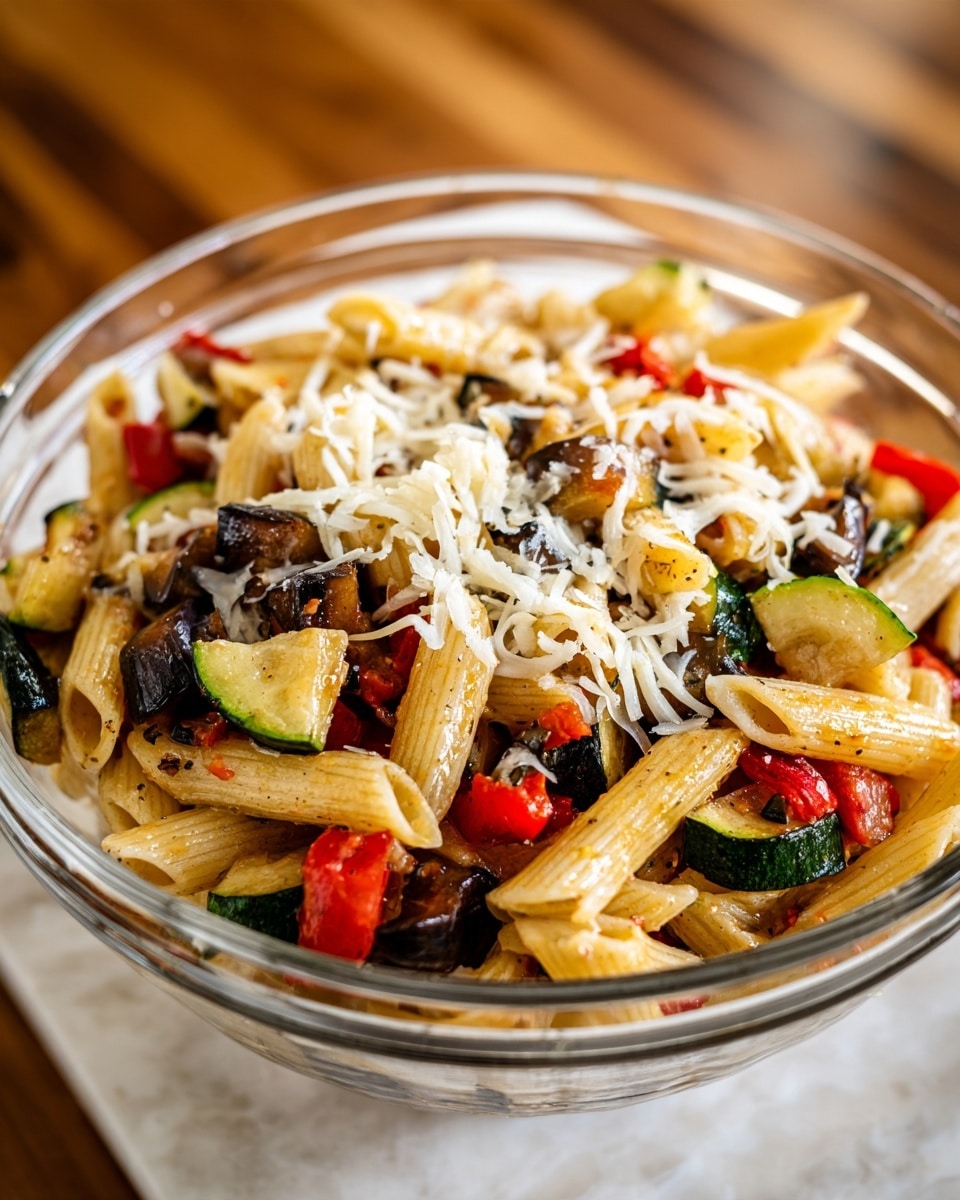 A clear glass bowl filled with penne pasta mixed with roasted vegetables such as green zucchini, red tomatoes, and dark eggplant pieces. The pasta and vegetables are coated lightly with oil and seasoning, giving a slight shine. On top of the pasta mix, there is a generous layer of shredded white cheese sprinkled evenly, adding texture and contrast. The bowl is placed on a white marbled surface with a blurred background of red and brown tones. photo taken with an iphone --ar 4:5 --v 7