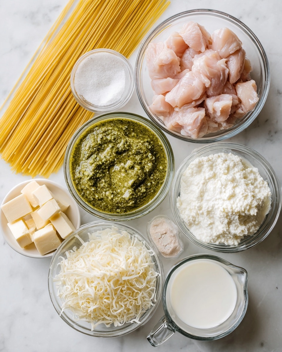 The image shows a top view of several glass bowls and a small measuring cup arranged on a white marbled surface. One bowl contains raw, pale pink chopped chicken pieces. Another holds green pesto sauce with a coarse texture. There is also a bowl filled with white ricotta cheese that looks creamy and soft. A different bowl contains shredded white mozzarella. A small bowl has two beige cubes of bouillon and some white salt. A measuring cup nearby is filled with white milk. There is also a stick of pale yellow butter laid next to the bowls. In the upper part of the image, a bunch of uncooked yellow spaghetti sticks lies flat on the surface. photo taken with an iphone --ar 4:5 --v 7