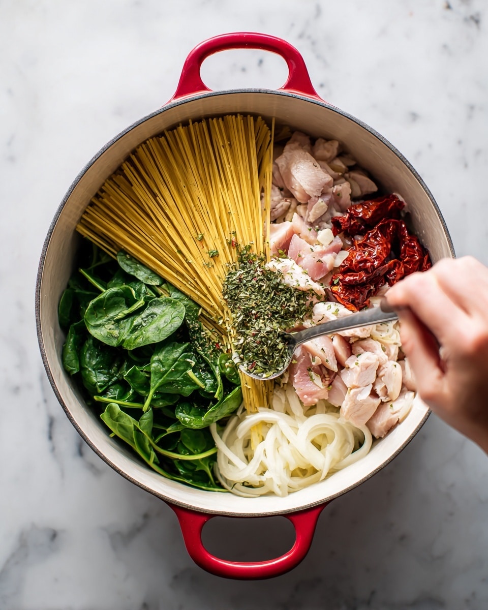 A white round pot with red handles sits on a white marbled surface. Inside, there are five layers arranged side by side: fresh green spinach leaves on the far left, thin yellow dry spaghetti pasta in the middle, raw light pink chicken pieces next to the pasta, white sliced onions below the spinach, and red sun-dried tomatoes with almond slices on top near the chicken. A woman's hand holds a spoon above the chicken, sprinkling green dried herbs onto it. Photo taken with an iphone --ar 4:5 --v 7