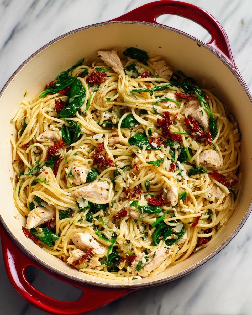 The image shows a white pan with a red handle filled with creamy cheesy pasta mixed with chicken pieces, bright red sun-dried tomato strips, and fresh green spinach leaves scattered throughout. The pasta is tied in loose swirls with a smooth yet slightly textured surface from the cheese sauce. The chicken chunks are light beige and placed evenly under and among the pasta. The whole dish sits on a white marbled surface. Photo taken with an iphone --ar 4:5 --v 7