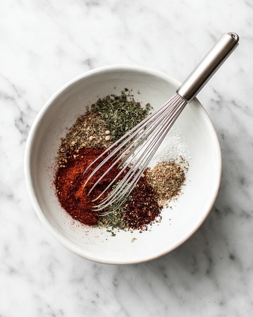 A white bowl sits on a white marbled surface, holding dry spices in a loose swirl pattern with red, green, and brown colors scattered around the base. A silver whisk is resting in the bowl, positioned above the spices, ready to mix them together. The bowl's smooth white surface contrasts with the rough texture of the varied spices. Photo taken with an iphone --ar 4:5 --v 7
