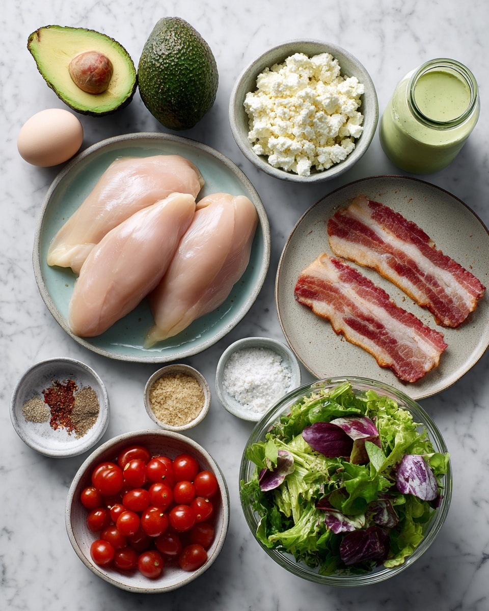The image shows a white marbled surface with several bowls and plates arranged neatly. On the left, a plate holds two raw, pale pink chicken breasts. Above it, a whole avocado with dark green skin sits next to a small bowl filled with white crumbled cheese. To the right, a slightly larger plate carries two raw slices of bacon with pink and white stripes. Below the bacon, a small bowl is full of bright red halved cherry tomatoes. On the far right, a clear glass bowl contains a mix of leafy greens with various shades of green and purple. Around the bowls are small bowls holding light brown seasoning powder, black pepper, and salt. A white egg and a shallot with a skin are placed at the top left. A small glass bottle filled with a creamy green dressing sits on the upper right corner. photo taken with an iphone --ar 4:5 --v 7