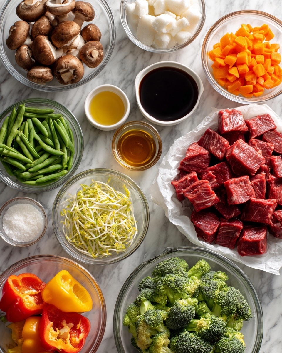 A top view of various cooking ingredients arranged neatly on a white marbled surface. There are clear glass bowls with brown mushrooms, sliced white water chestnuts, dark brown sauce, white powdery substance, dark amber liquid, clear liquid, and yellow oil. Small white bowls hold green snap peas, yellow bean sprouts, and green broccoli florets. Pieces of bright red and yellow bell peppers and whole orange carrots are placed beside the bowls. Near these is a small onion and a glass bowl filled with raw red beef cubes wrapped partly in parchment paper. The colors are vibrant with natural textures of fresh vegetables and raw meat clearly visible. photo taken with an iphone --ar 4:5 --v 7