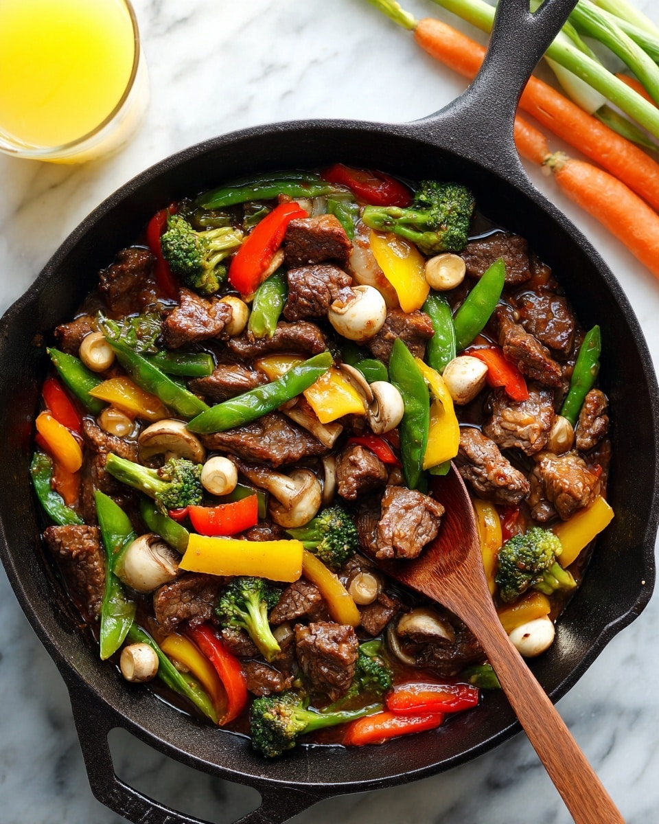 A black cast iron skillet filled with a colorful beef chop suey dish is shown from above. The dish has several layers: chunks of browned beef pieces scattered throughout, mixed vegetables including bright green snap peas, yellow and red bell pepper strips, orange carrot sticks, small broccoli florets, and sliced white mushrooms. All ingredients float in a glossy brown sauce that coats everything. A wooden spoon rests on the skillet, slightly in the sauce and touching some beef and vegetables. The skillet sits on a white marbled surface, and the top edge of the skillet handle is visible. Photo taken with an iphone --ar 4:5 --v 7