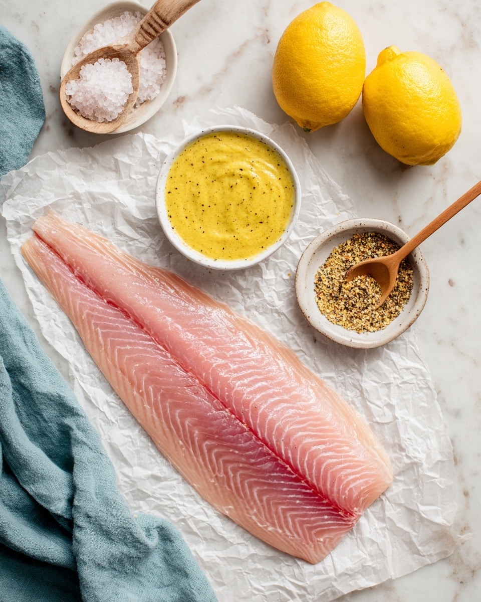 A large piece of pink fish fillet lies flat on white crinkled paper in the center of the image. On the left side, there are two small white bowls, one filled with a yellow mustard sauce and the other with a yellow seasoning mixed with black pepper. Above the bowls is a wooden spoon filled with coarse white salt, resting on a white marbled surface. A soft blue cloth is partially visible on the top left corner, and two bright yellow lemons sit on the top right corner. The whole scene is set on a white marbled surface. photo taken with an iphone --ar 4:5 --v 7