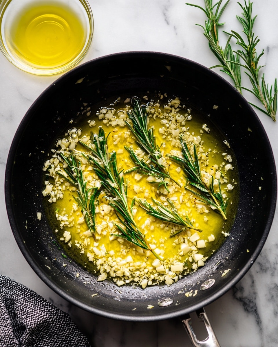 A black frying pan filled with a thin layer of golden-yellow liquid oil, small pale yellow chopped garlic pieces scattered throughout, and four fresh green rosemary sprigs placed evenly on top. The pan sits on a white marbled surface with a small transparent glass bowl filled with light yellow oil to the left and part of a black and white checkered cloth underneath. The scene is bright and clear, showing a simple cooking setup. photo taken with an iphone --ar 4:5 --v 7