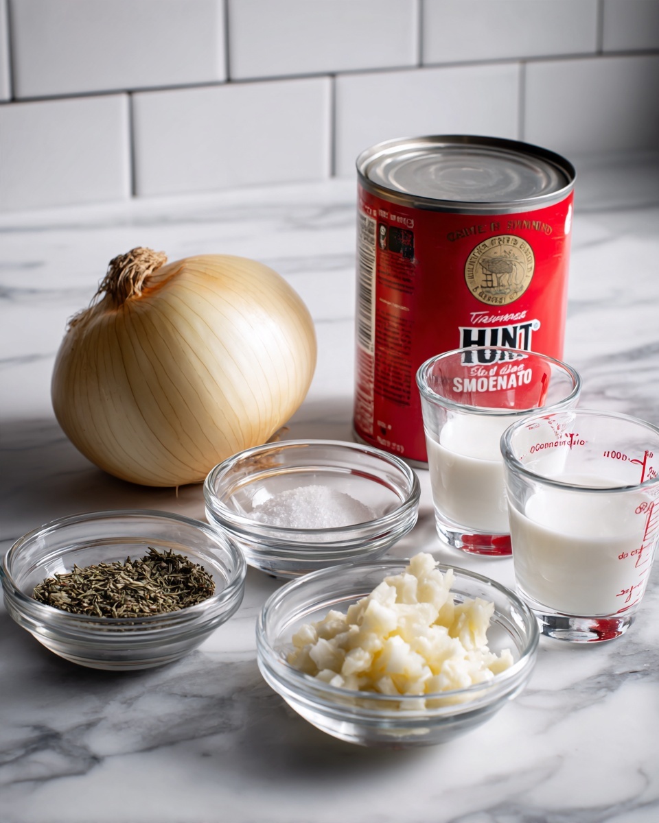 The image shows a white marbled surface with ingredients arranged neatly for cooking. There is a whole yellow onion on the left side, behind three small clear glass bowls, one holding dried herbs, another with salt, and a smaller one filled with minced garlic. In front of the onion, another small glass bowl contains butter. To the right, there is an unopened red can of Hunt’s San Marzano style whole peeled tomatoes. Next to the can, two clear measuring cups sit side by side; one contains water, and the other holds milk or cream. The background features a white tiled wall. photo taken with an iphone --ar 4:5 --v 7