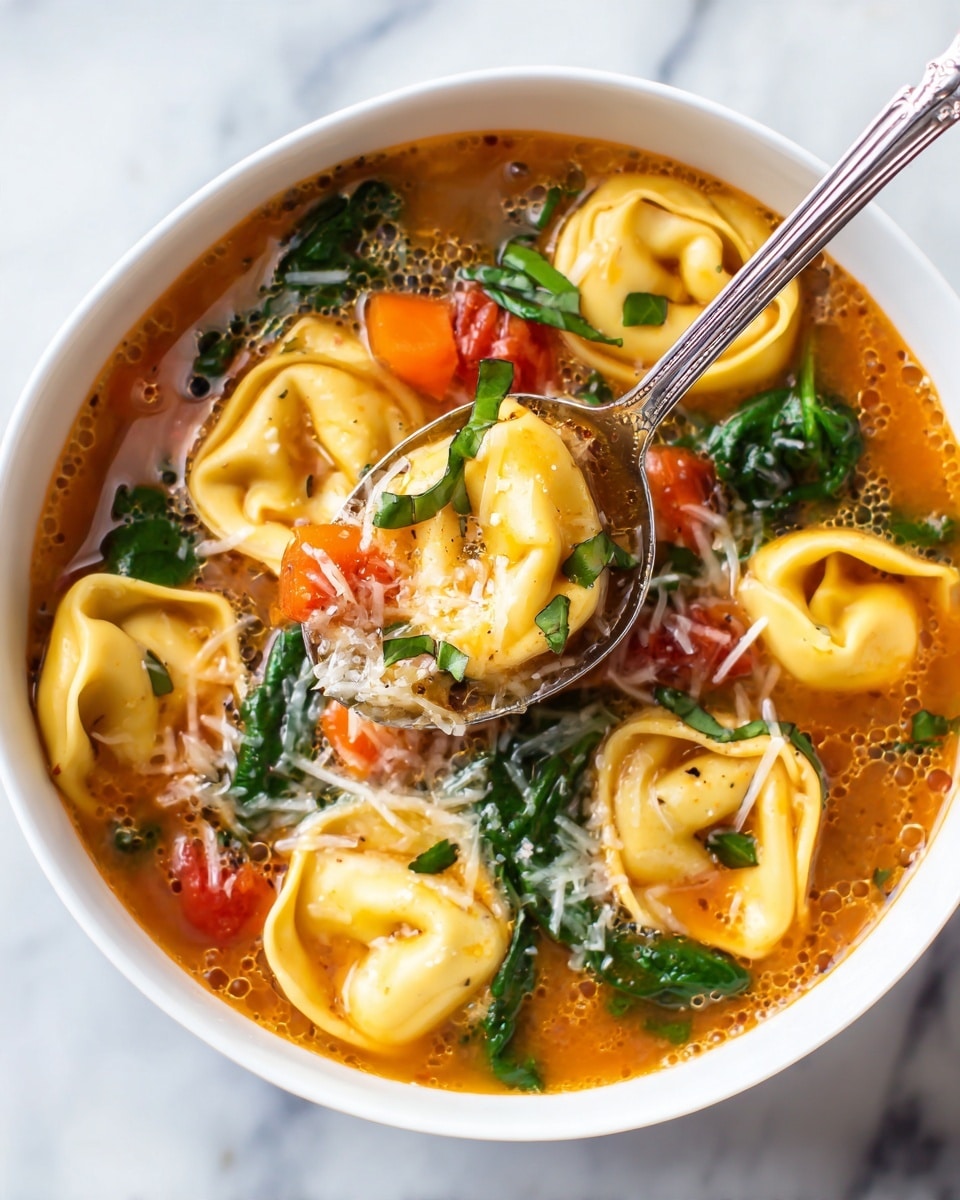 The image shows a close-up of a white bowl filled with bright orange vegetable soup with many tortellini floating inside. The soup has visible sliced carrots, diced green olives, chopped onions, and bits of tomatoes. The tortellini are yellow with a smooth texture, some slightly open showing filling inside. On top of the soup, there are fresh torn green basil leaves and a light sprinkling of shredded white cheese. A silver spoon holds one tortellini layered with orange carrot slice, green basil, olives, tomato pieces, and white cheese. The background is a white marbled surface with part of a red and white checkered cloth visible. Photo taken with an iphone --ar 4:5 --v 7