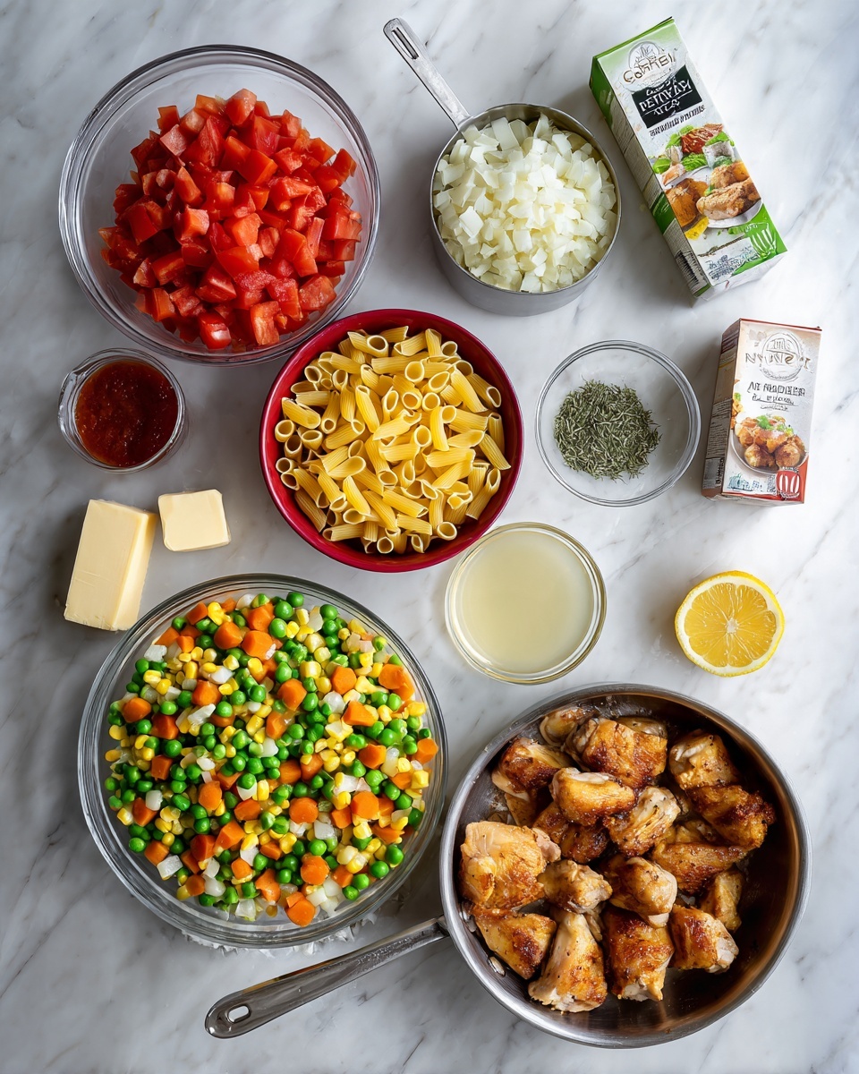 The image shows various cooking ingredients neatly arranged on a white marbled surface. Starting from the upper left corner, there is a clear bowl filled with red diced tomatoes and juice, next to a small red bowl with dry yellow pasta pieces shaped like tiny tubes. To the right is a metal measuring cup filled with chopped white onions, with a small metal spoon containing dried green herbs beside it. Near the center, there is a small clear bowl with grated white cheese and another small clear bowl containing a light yellow liquid, possibly broth or juice. A half lemon with a bright yellow interior is placed near the bottom right. On the bottom left, there is a large clear bowl filled with a colorful mix of frozen vegetables including green beans, corn, carrots, and peas. Next to it, in the bottom center, is a pan holding browned roasted chicken parts. Finally, around the center top are a small white bowl with a piece of butter and two boxes of chicken broth cartons positioned around the ingredients. All items are placed neatly on the white marbled surface photo taken with an iphone --ar 4:5 --v 7