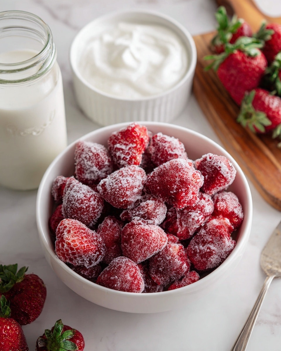 A white bowl filled with one layer of frozen strawberries, each strawberry covered in a light frost showing their bright red color and textured seeds clearly visible. The bowl sits on a white marbled surface, accompanied by a small white bowl of thick white cream in the upper left corner, a glass jar of milk at the bottom left, and fresh strawberries with green leaves on a wooden board to the right. Photo taken with an iphone --ar 4:5 --v 7
