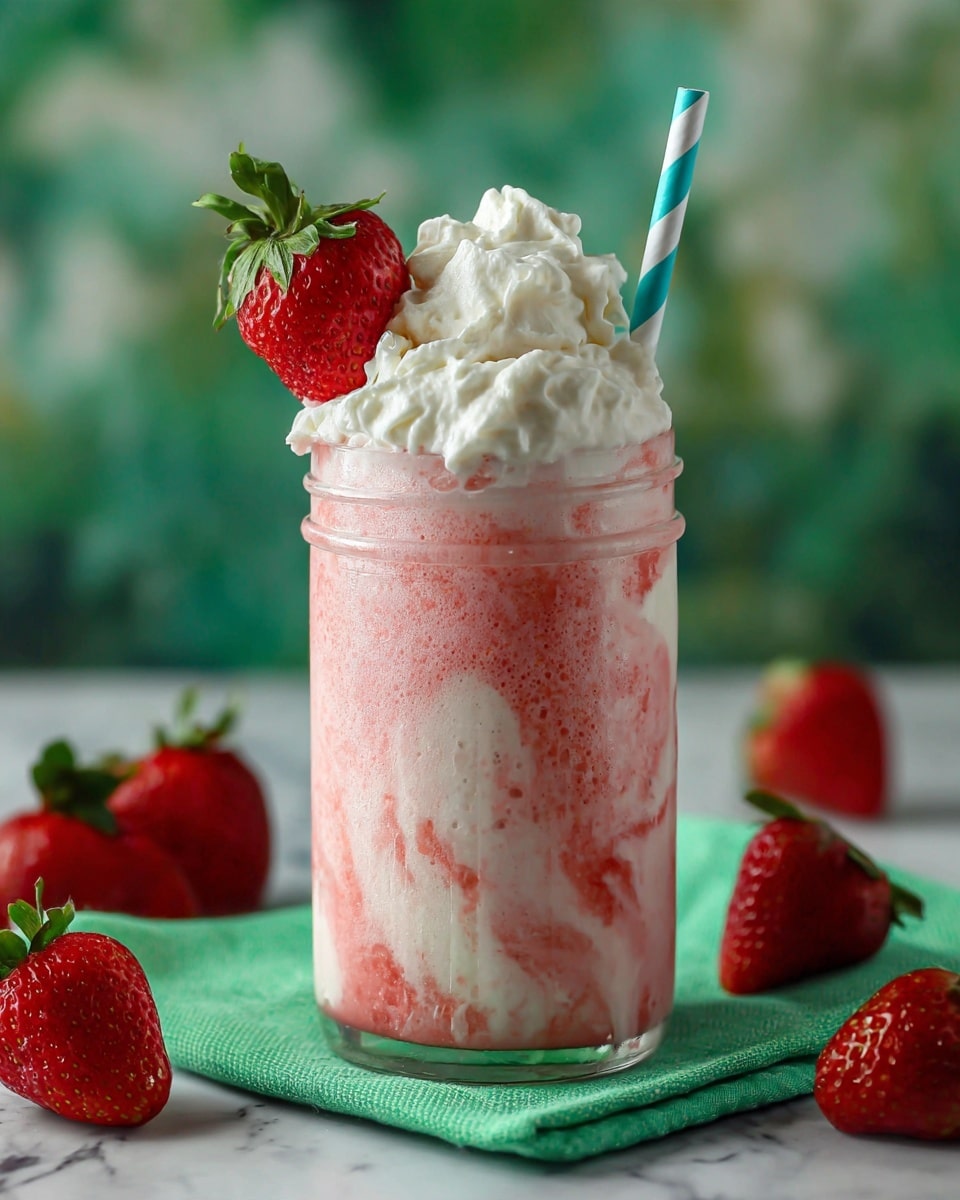 The image shows a tall, clear glass jar filled with a pink and white swirled strawberry milkshake, with the two colors mixing smoothly inside. On top of the jar is a layer of white whipped cream, soft and fluffy, crowned with one fresh, bright red strawberry with a green stem. A blue and white striped straw leans from the whipped cream into the milkshake. The jar is placed on a light green cloth with a white marbled surface in the background, and some fresh strawberries sit beside it. photo taken with an iphone --ar 4:5 --v 7