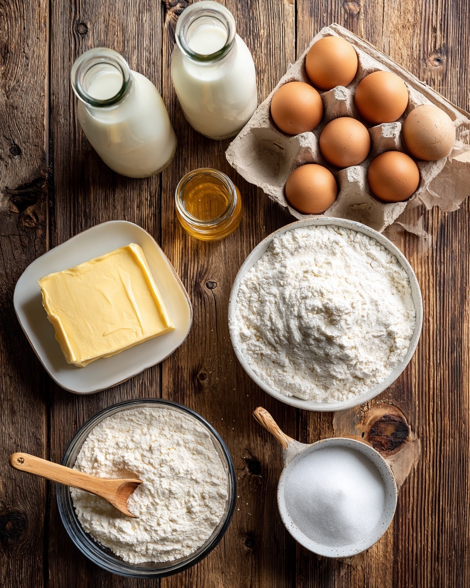 The image shows a top view of baking ingredients arranged on a wooden surface. There are two glass bottles filled with milk at the top left, a carton holding eight brown eggs at the top right, a small white bowl with a block of yellow butter at the bottom left, a clear glass bowl filled with white flour with a small wooden spoon inside placed near the center, a small jar with a golden liquid and a wooden spoon near the top center, and a white bowl filled with white sugar with a small wooden spoon inside at the bottom right. The surface behind the items is wooden with visible grain and knots. photo taken with an iphone --ar 4:5 --v 7