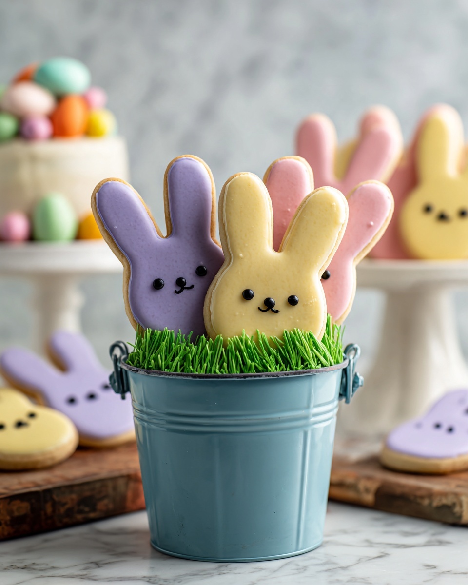 Three bunny-shaped sugar cookies stand upright in a small blue bucket filled with green shredded paper grass. The cookies are decorated with smooth pastel icing in purple, pink, and yellow colors, each with three small black dots as eyes and noses on the front. Around the bucket, there are more flat bunny cookies in pastel colors like pink and blue, placed on a wooden surface. The background includes colorful striped straws in a clear jar and softly out-of-focus Easter eggs and white dishes. The whole scene is set on a white marbled surface. photo taken with an iphone --ar 4:5 --v 7