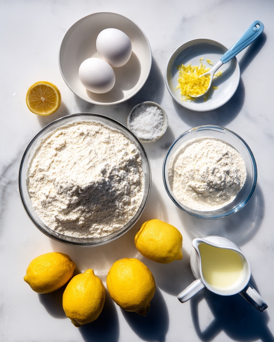 The image shows various baking ingredients laid out on a white marbled surface. In the center, there is a large clear bowl filled with a white powdery substance, likely flour. Above it to the left, there is a small white bowl holding two whole white eggs. To the right of the eggs, a white spoon with a blue handle holds a small amount of yellow zest. Next to it, on the far right, there is a medium clear bowl filled with more white powder. Below the spoon, a small white pitcher contains a pale yellow liquid, probably lemon juice. Below that, a shallow clear dish holds another light-colored liquid. Four whole yellow lemons are placed around the ingredients, two on the bottom and two on the sides. Everything is arranged neatly with bright natural light. Photo taken with an iphone --ar 4:5 --v 7