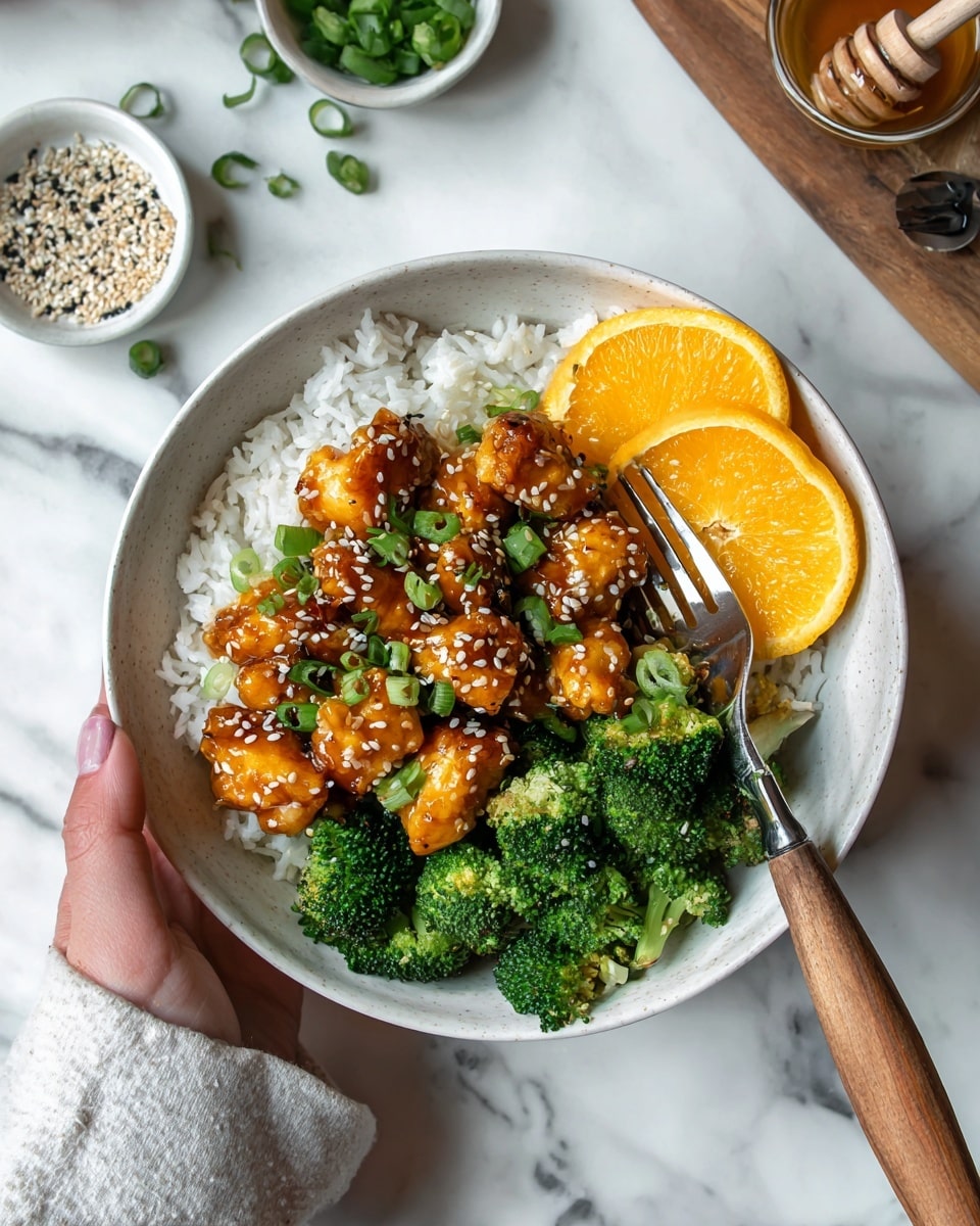 The image shows a white bowl filled with three main layers: at the bottom is a layer of white rice, on top of the rice are small pieces of shiny, dark orange-glazed chicken sprinkled with white sesame seeds and thin slices of green onion scattered across; to one side of the bowl is a cluster of bright green broccoli florets, and on the opposite side are two orange wedges adding a bright splash of color. Around the bowl, there is a honey dipper resting in an orange bowl with honey, and some white dishes with scattered sesame seeds and green onion pieces, all set on a white marbled surface. photo taken with an iphone --ar 4:5 --v 7