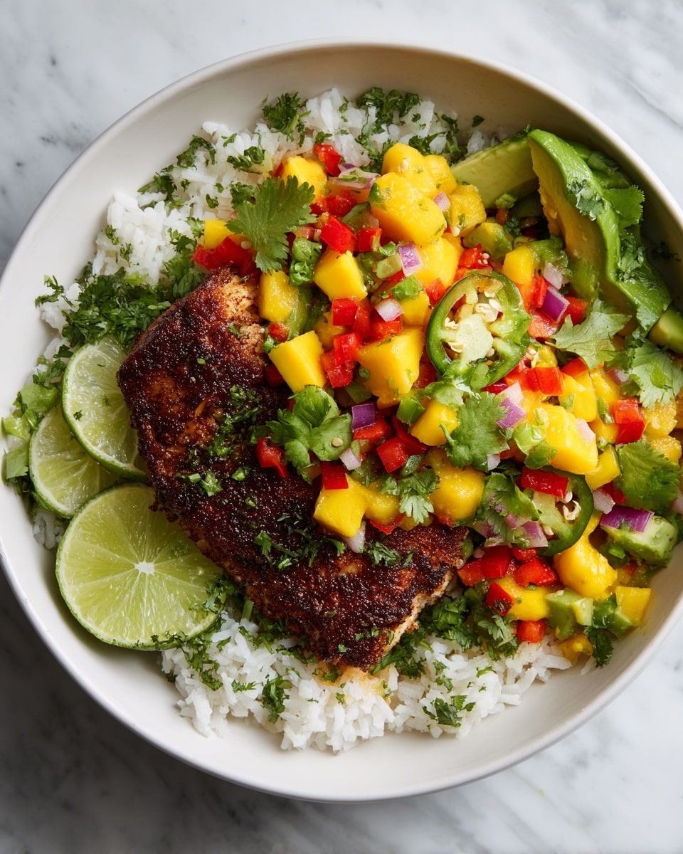 In a white bowl, there is one cooked chicken piece with a dark brown, spicy crust as the base layer, topped with a colorful mix of diced mango, red bell peppers, green jalapeño slices, small bits of red onion, and chopped fresh cilantro. Behind the chicken and salsa, there is a portion of white rice with some green herbs on top, and two lime wedges rest beside the rice. On the side, chunks of avocado add a light green color, with a whole slice of green jalapeño placed above the avocado. The bowl is set on a white marbled surface with some cilantro leaves scattered around, and a golden fork near the edge of the image. Photo taken with an iphone --ar 4:5 --v 7
