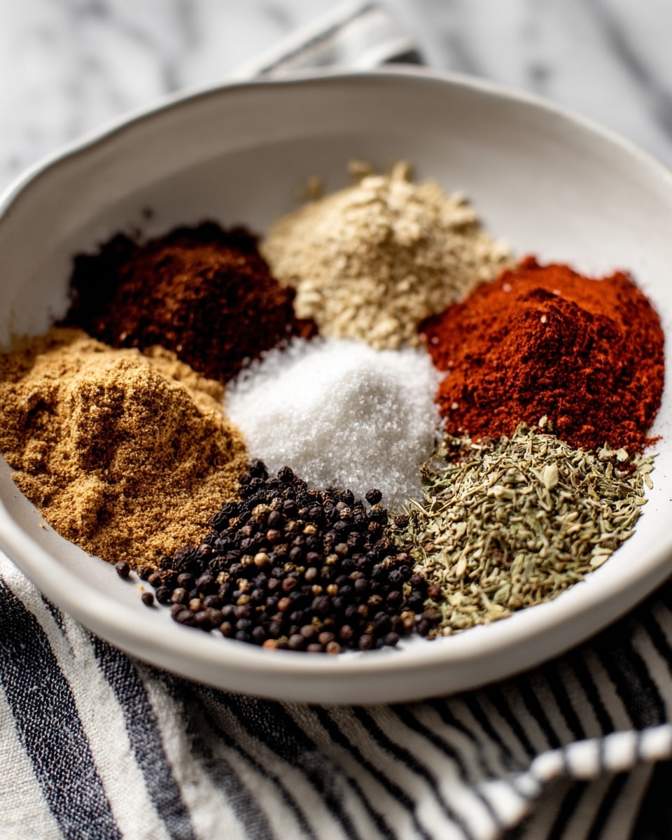 A white bowl with seven different spices neatly placed in separate piles inside. Starting from the top left moving clockwise: a dark brown powder, a light beige powder, a white grainy substance, light brown sugar crystals, bright red powder, coarse ground black pepper, and dried green herbs. The spices show different textures from fine powders to small flakes and coarse grains, all set inside the bowl on a white marbled surface with a striped cloth blurred in the background photo taken with an iphone --ar 4:5 --v 7