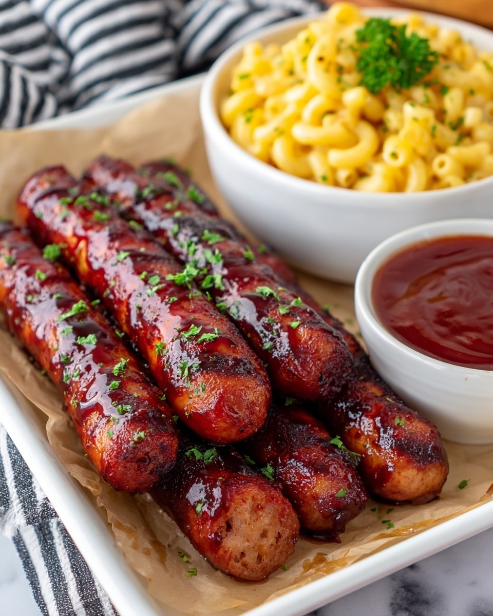 A close-up of five grilled chicken wings stacked on a tray lined with brown paper, each wing coated with a shiny reddish barbecue sauce and sprinkled with chopped green herbs. Behind the wings, slightly out of focus, there is a white bowl filled with creamy yellow mac and cheese and another white bowl with extra red barbecue sauce. The surface under the tray is a white marbled texture with scattered green herb pieces, giving a fresh and inviting look. The lighting highlights the rich texture of the sauce and the charred edges of the wings. photo taken with an iphone --ar 4:5 --v 7