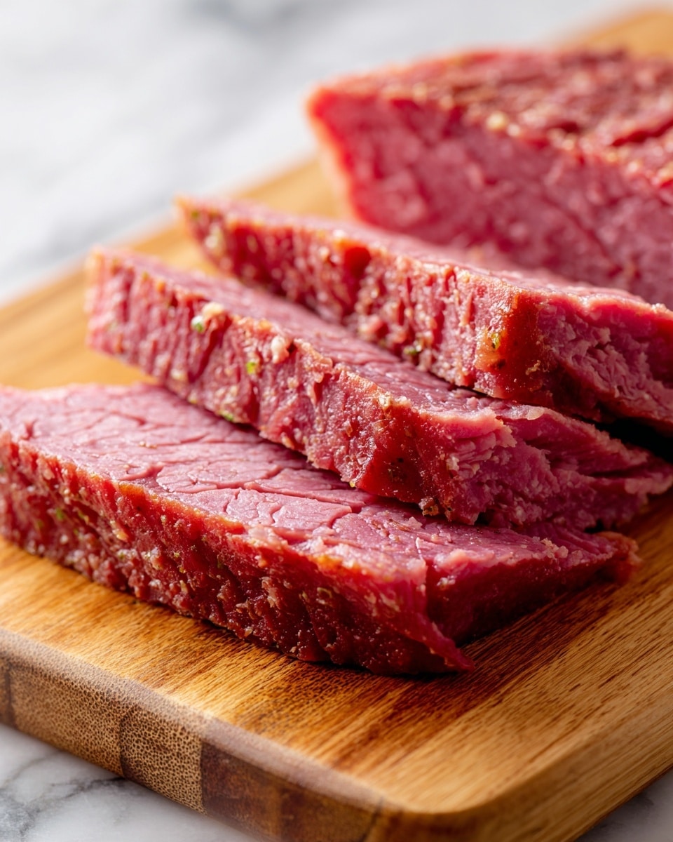 A close-up image of four slices of pink corned beef with a slightly bumpy texture laid out on a smooth wooden cutting board. The slices are arranged in a slightly overlapping way, with the front slice showing detailed fibrous patterns. The lighting highlights the moist and tender appearance of the meat. The wooden board rests on a white marbled surface, and the background is softly blurred to keep the focus on the meat. Photo taken with an iphone --ar 4:5 --v 7