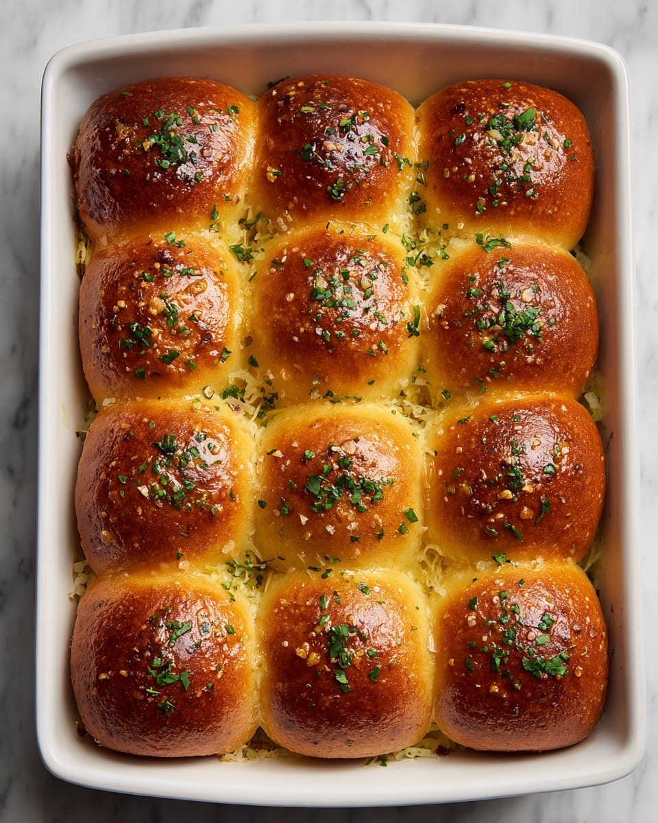 A white rectangular dish holds nine golden brown soft slider buns arranged in a 3x3 grid. Each bun has a shiny, smooth top sprinkled with green chopped herbs. Underneath the buns are layers of thinly sliced pinkish-red meat, shredded white cabbage or sauerkraut, and melted orange-yellow cheese, creating a mix of textures that peek from the sides. The dish sits on a white marbled surface. photo taken with an iphone --ar 4:5 --v 7