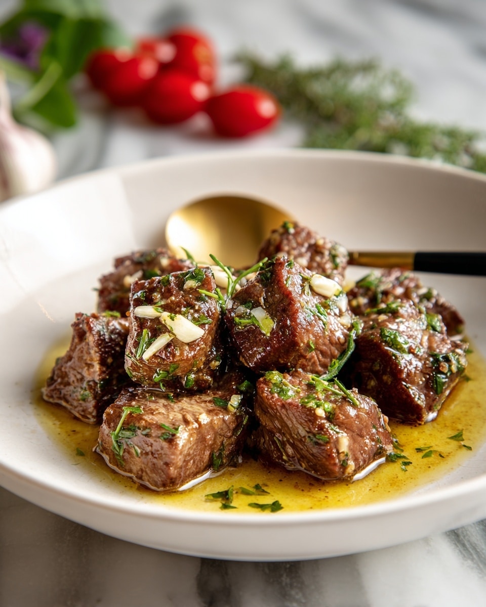 A white bowl filled with about two layers of small, browned meat cubes that have a moist and slightly shiny texture, sprinkled with finely chopped green herbs and small white pieces, resting in a light golden sauce; in the background, some bright red cherry tomatoes and green herb sprigs sit on a white marbled surface, with a black and gold spoon resting inside the bowl; photo taken with an iphone --ar 4:5 --v 7