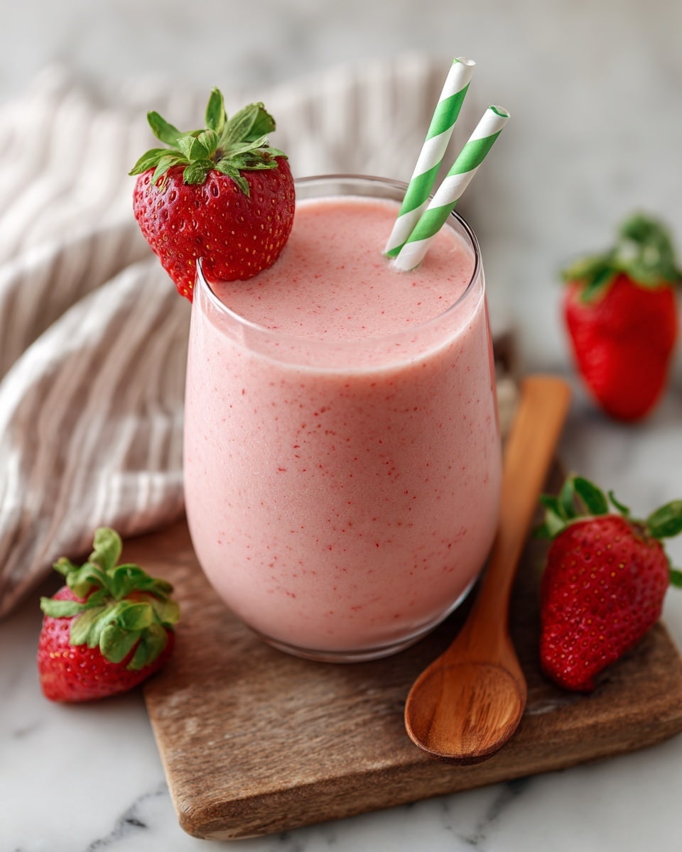 A close-up of a glass filled with a smooth, light pink strawberry smoothie showing tiny red specks mixed throughout. Two green and white striped paper straws stand upright in the smoothie. A fresh, whole strawberry with bright green leaves is placed on the edge of the glass. The glass sits on a wooden board with a white marbled surface underneath, and a striped cloth is in the background. Photo taken with an iphone --ar 4:5 --v 7