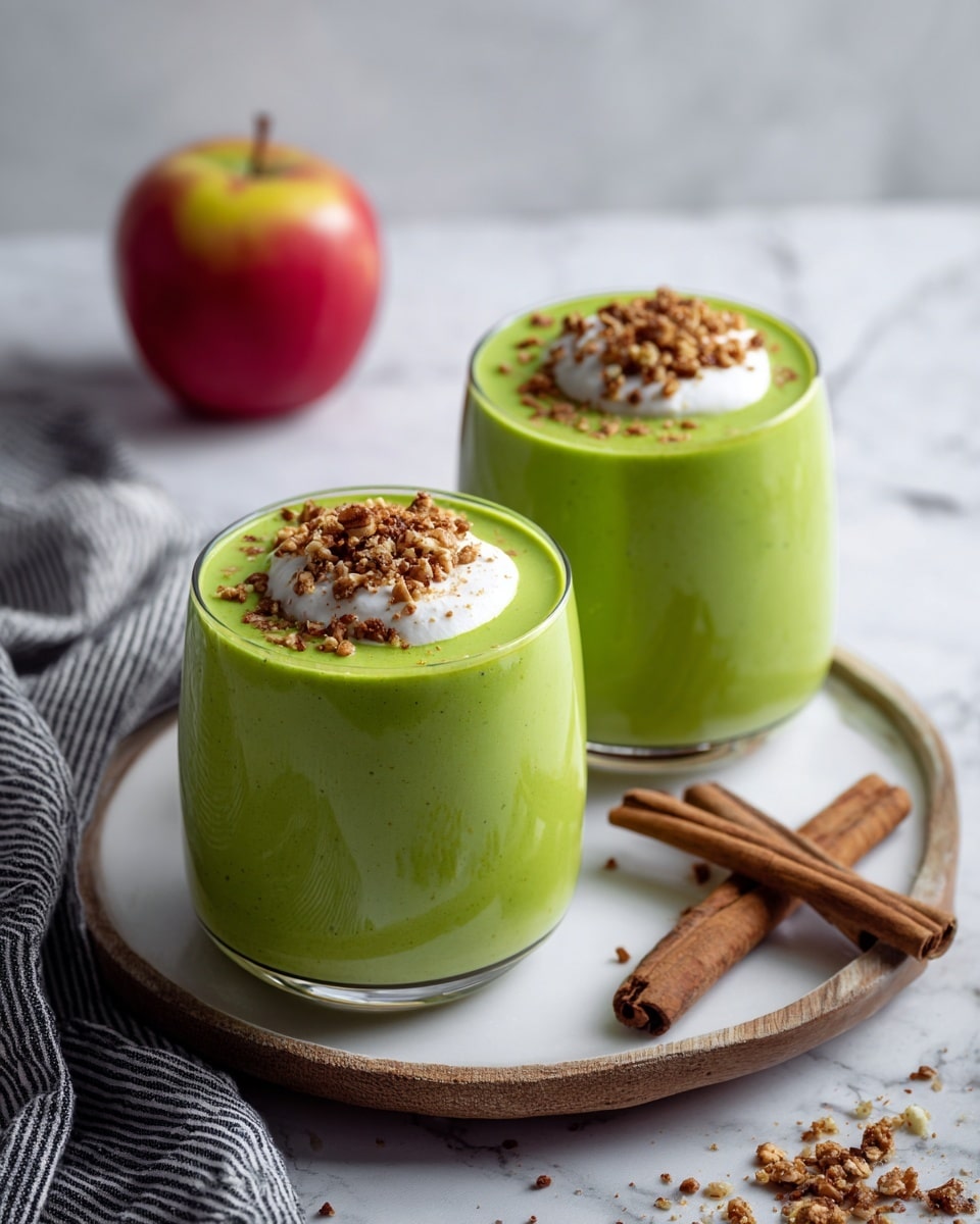 Two clear round glasses are filled almost fully with a smooth bright green smoothie. Each glass has a small dollop of white creamy topping in the center, sprinkled with tiny brown crunchy bits. The glasses rest on a small white square plate with a wooden edge, placed on a white marbled surface. To the left, there is a half red apple lying on a black and white striped cloth. Scattered small brown seeds and two cinnamon sticks are also visible on the white marbled background. Photo taken with an iphone --ar 4:5 --v 7