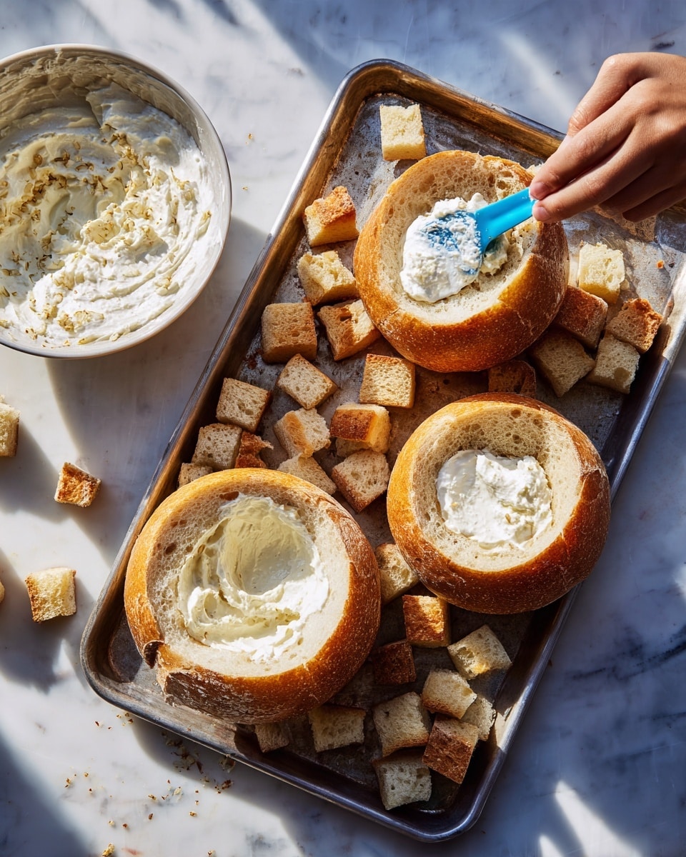 The image shows a metal baking tray placed on a white marbled surface. On the tray, there are two round hollow bread bowls with a golden-brown crust on the outside and soft white interiors. Around the bread bowls, many small cubes of bread crust and soft bread pieces are scattered. To the left of the tray, there is a white bowl filled with a creamy white mixture with some visible small pieces inside. A woman's hand holding a blue spatula is spreading the creamy mixture inside one of the hollow bread bowls. The light is bright and natural, highlighting the textures of the bread and creamy mixture. photo taken with an iphone --ar 4:5 --v 7