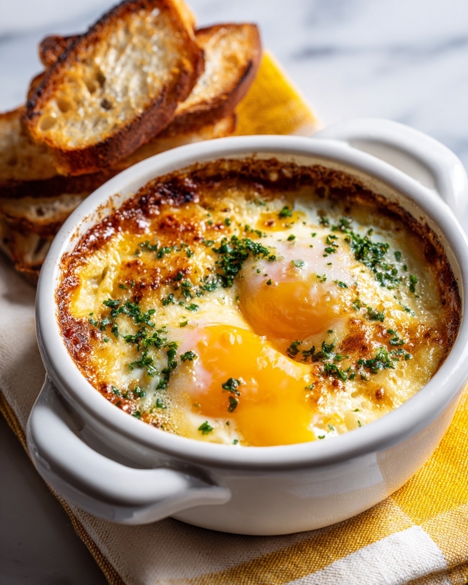 A white round bowl with two handles holds a baked dish with four visible eggs on top. The eggs have white, slightly browned melted cheese scattered over them, with small green herb pieces sprinkled on top. One egg has the yolk breaking open, revealing a bright orange inside. Underneath, some green leafy vegetables are peeking through the cheese and eggs. The bowl is placed on a yellow and white patterned cloth on a white marbled surface. Next to the bowl, there are several slices of toasted white bread stacked on a rustic wooden board. photo taken with an iphone --ar 4:5 --v 7