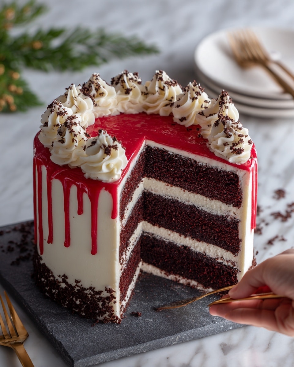 A tall, four-layer chocolate cake with thick white frosting between each dark brown layer is shown. Bright red glaze drips slowly down the smooth white frosting covering the outside of the cake. On top are six large swirls of white whipped cream, sprinkled with small bits of chocolate crumbs. The cake sits on a dark slate plate placed on a white marbled surface. In the bottom left corner, there is a blurred white plate with a small gold fork, and on the right side, some green leaves and red berries add a festive touch. Photo taken with an iphone --ar 4:5 --v 7